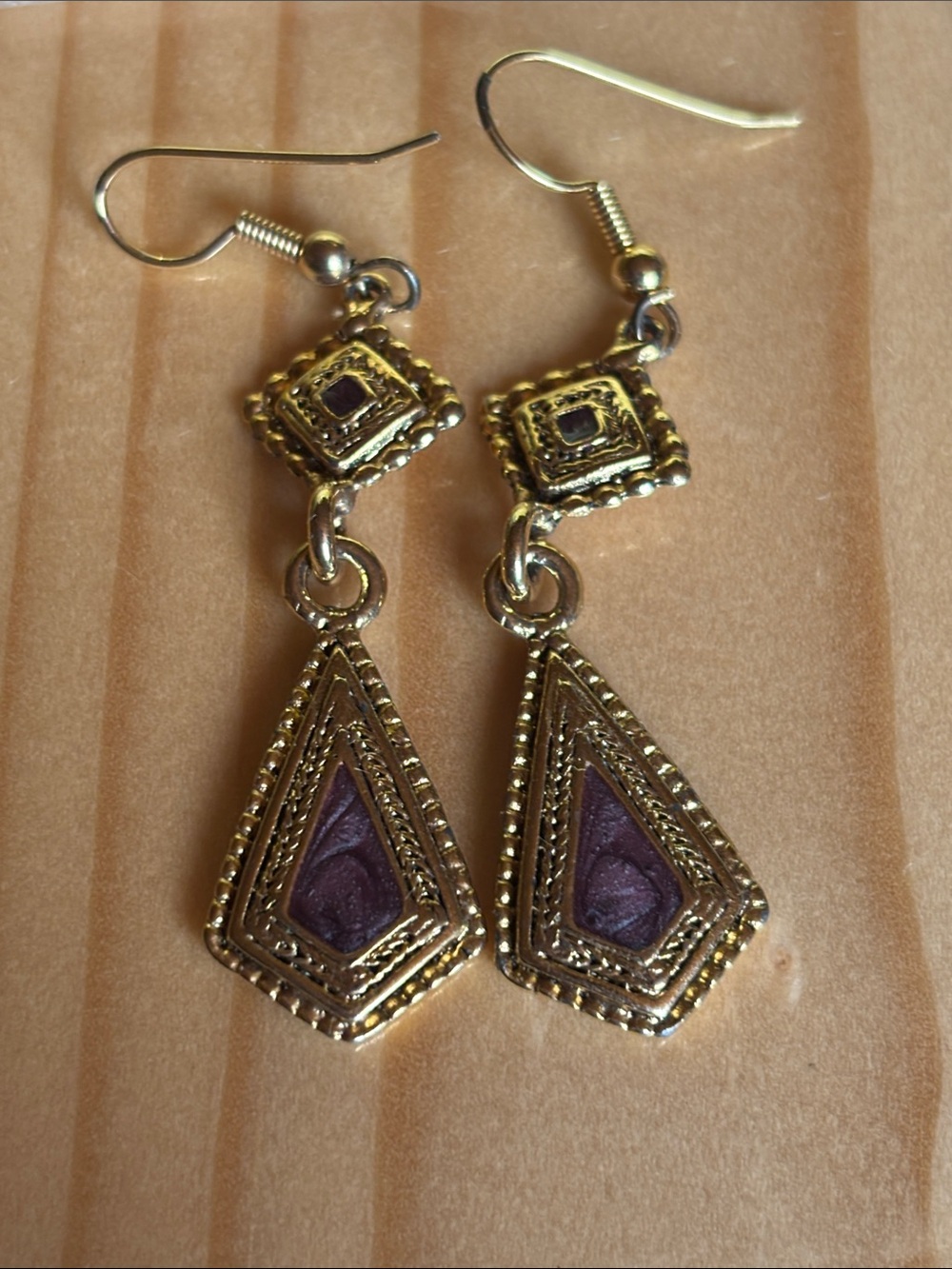 Antique Gold and Purple Geometric Drop Earrings